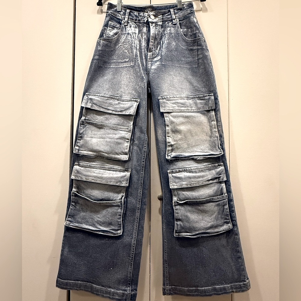 AKIRA Metallic Denim Cargo Jeans